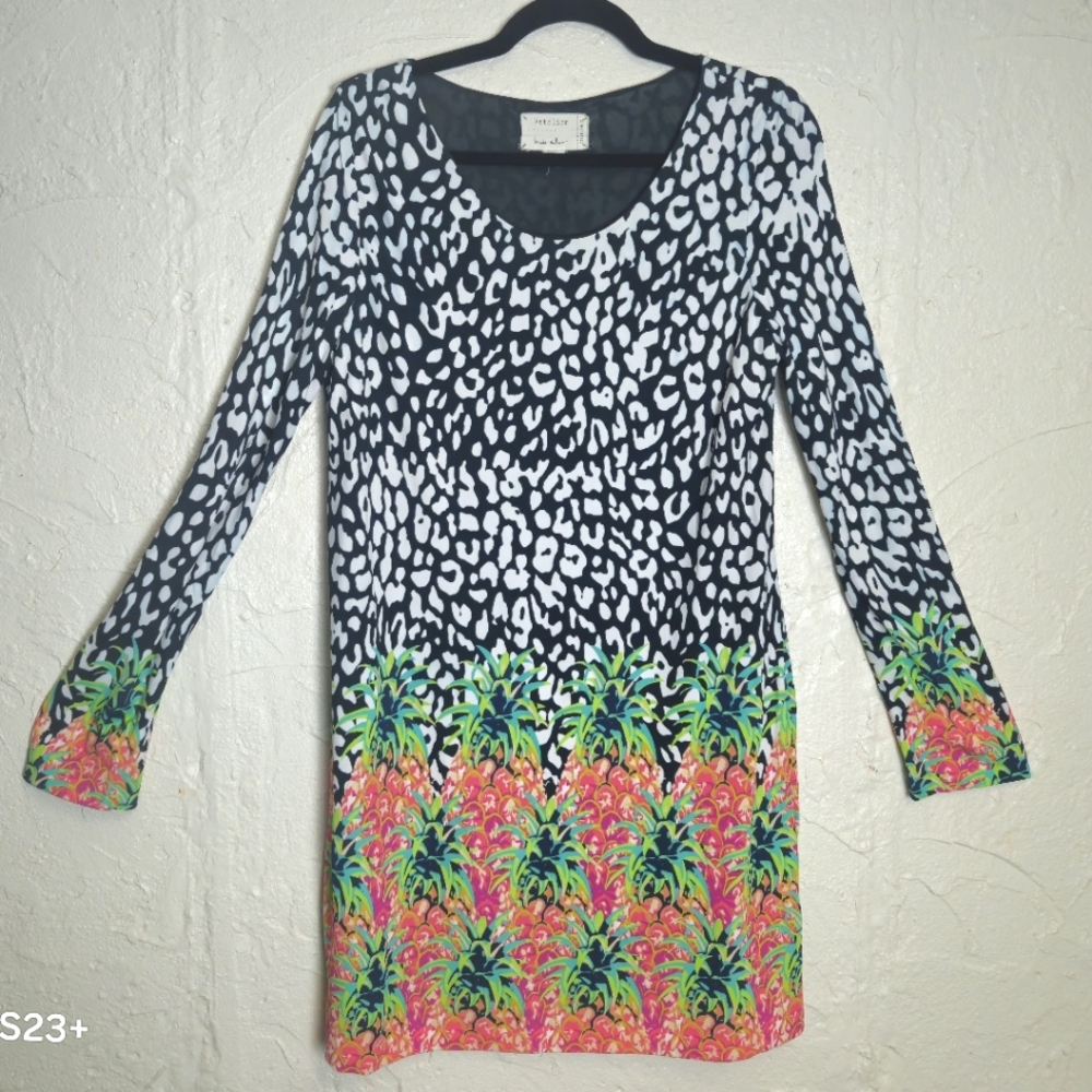 Nicole Miller Artelier Pineapple Bold Long Sleeve Black White Pink Green Dress L